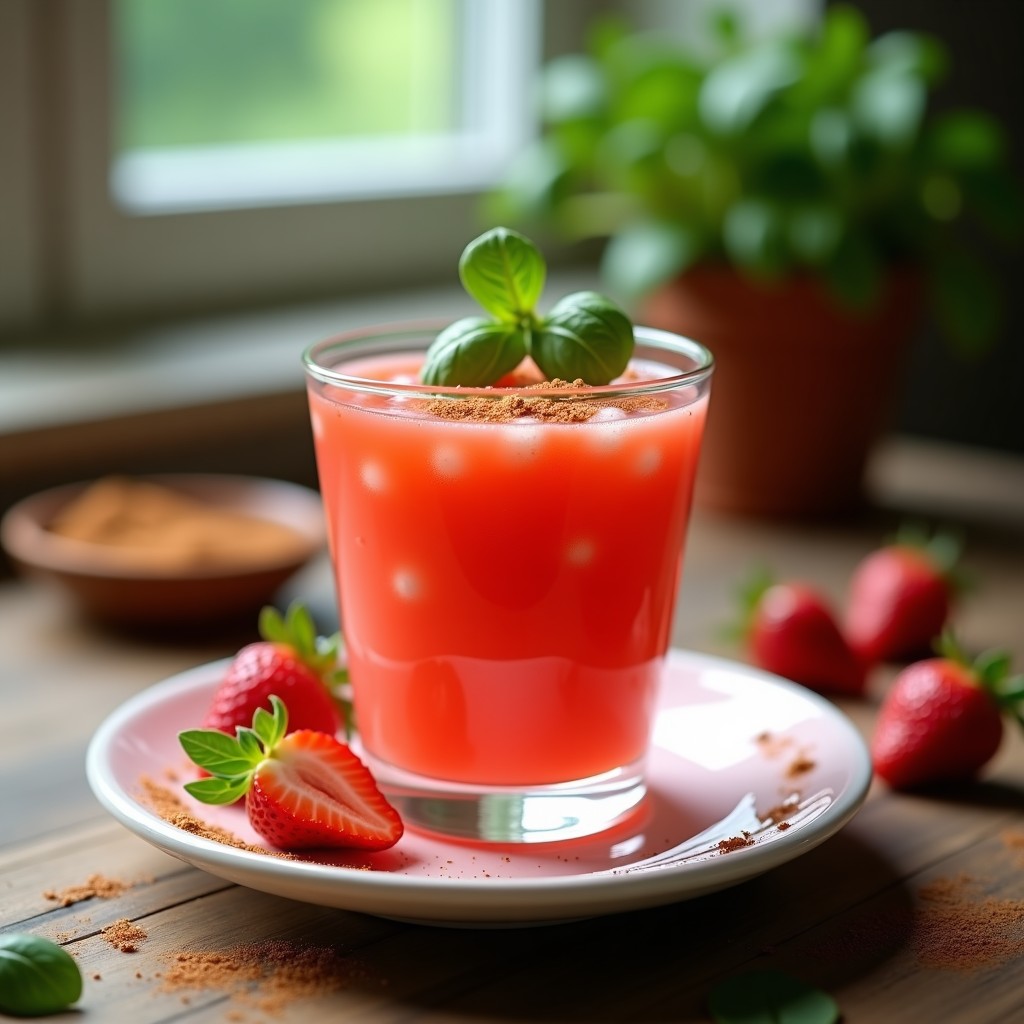 Gazpacho de fresa y albahaca con toque de pimienta de Jamaica servido en copa de cristal transparente, decorado con rodajas de fresa, hojas de albahaca fresca y un espolvoreado de pimienta de Jamaica sobre fondo de madera clara con hierbas verdes.