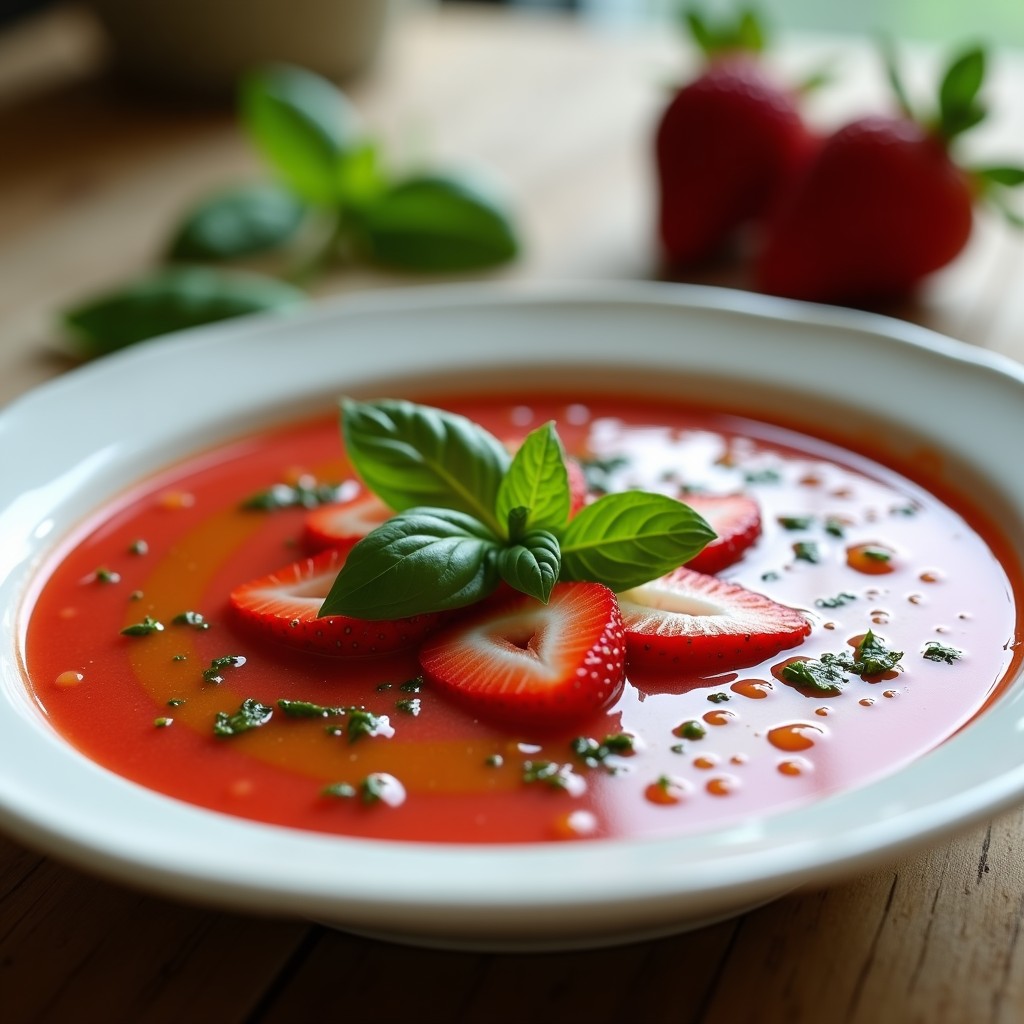 Cuenco de porcelana blanca con gazpacho de fresas y pepino, decorado con trozos de fresa, rodajas de pepino y hojas de albahaca fresca. Vinagreta de albahaca en hilo sobre la superficie, fondo de madera rústica con luz natural.