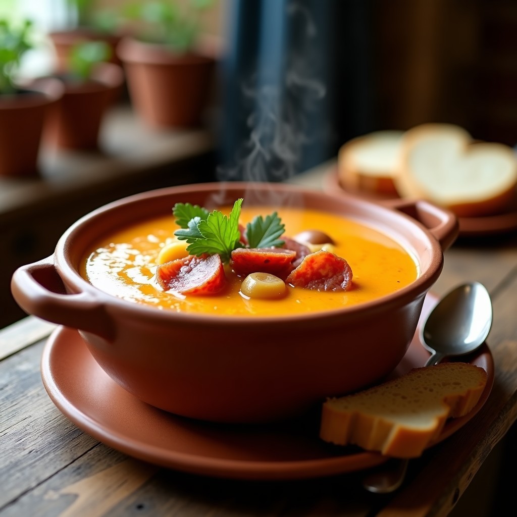 Cazuela de barro humeante con gazpacho gallego de calabaza y castaña, espeso y cremoso, decorado con rodajas de chorizo, panceta y perejil fresco. Plato tradicional reconfortante.