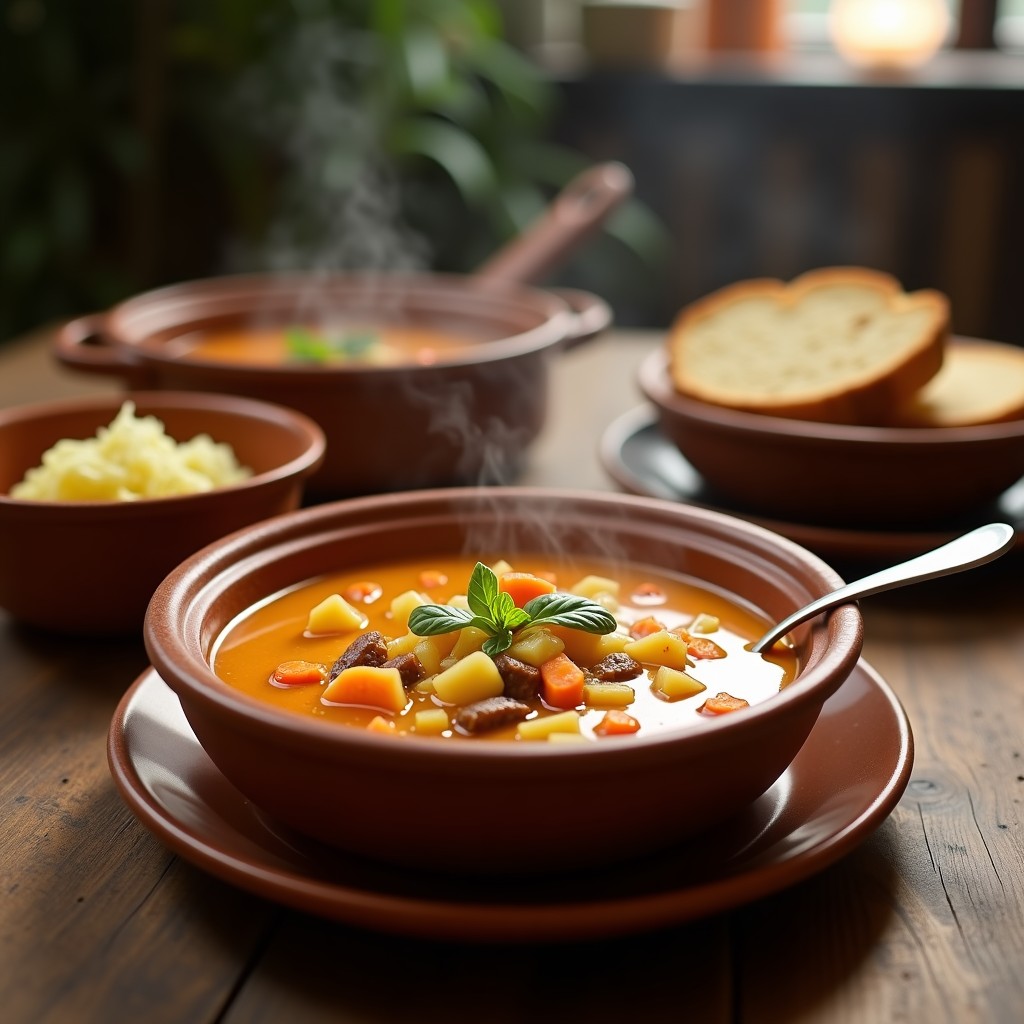 Olla de barro humeante con gazpacho gallego caliente, lleno de patatas, repollo, zanahoria y trozos de pan rústico tostado, servido en cuencos de cerámica con chorrito de aceite de oliva.