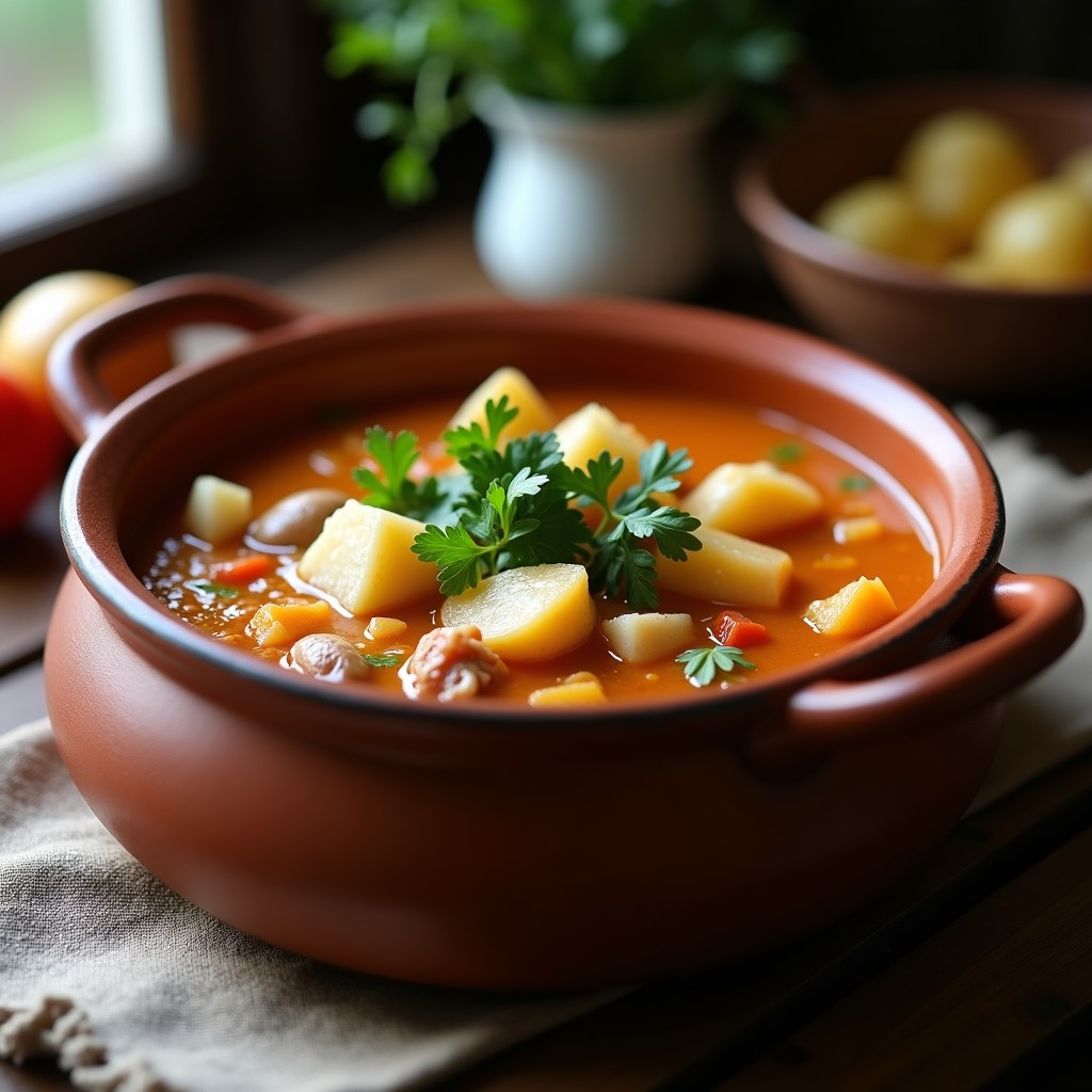 Olla de barro humeante con gazpacho gallego espeso, trozos de merluza blanca, almejas abiertas y patatas, decorado con perejil fresco y un hilo de aceite de oliva virgen extra.