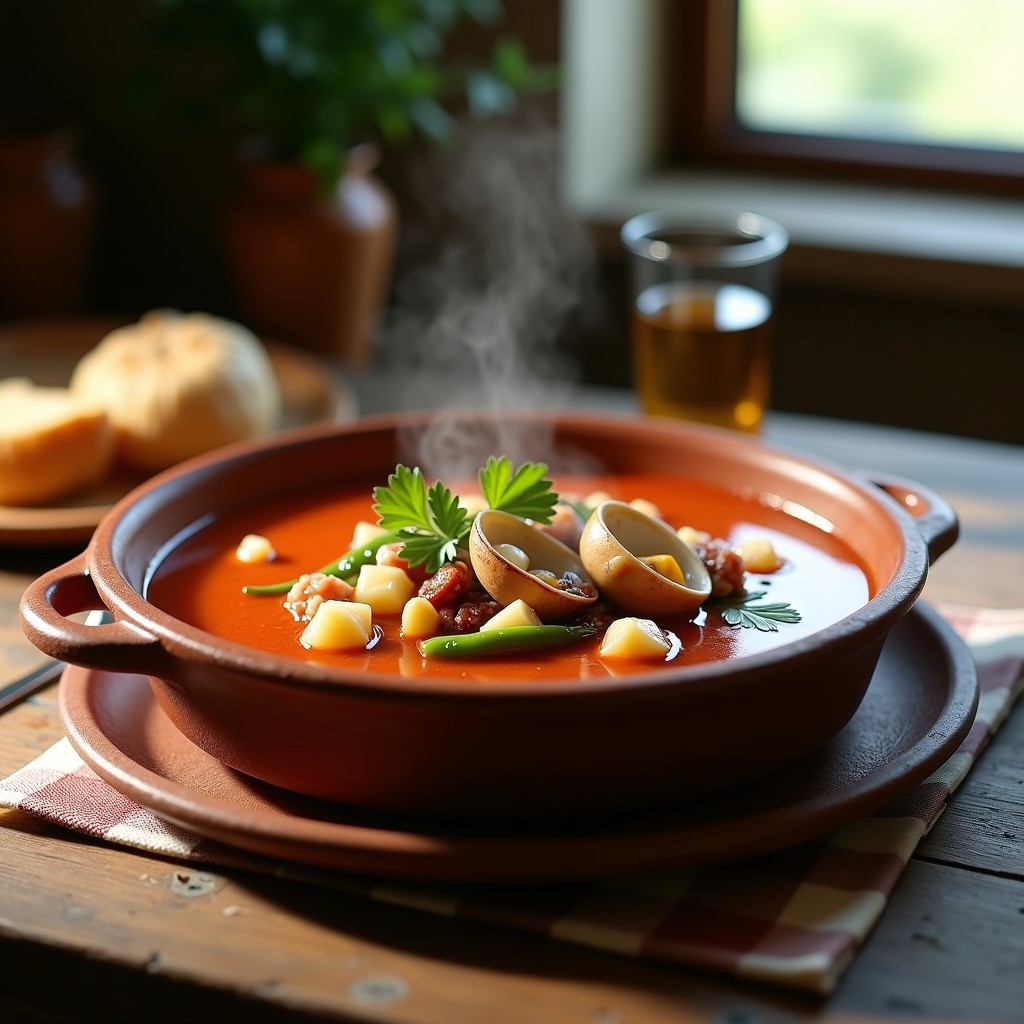 Cazo de barro humeante con gazpacho gallego tradicional, pulpo en trozos, almejas abiertas y patatas, decorado con perejil fresco y aceite de oliva virgen extra.