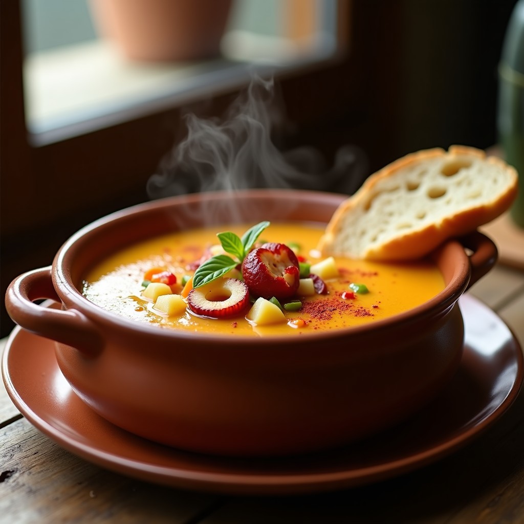 Olla de barro humeante con gazpacho gallego espeso, trozos de pulpo tierno, patatas y verduras, espolvoreado con pimentón dulce. Plato tradicional gallego servido en cuenco rústico.