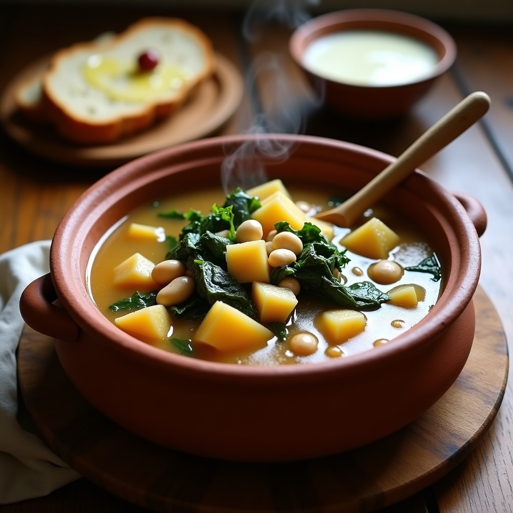 Cazuela de barro humeante con gazpacho galego tradicional, lleno de patatas, grelos, alubias blancas y trozos de costilla de cerdo, servido en cuenco rústico de madera.