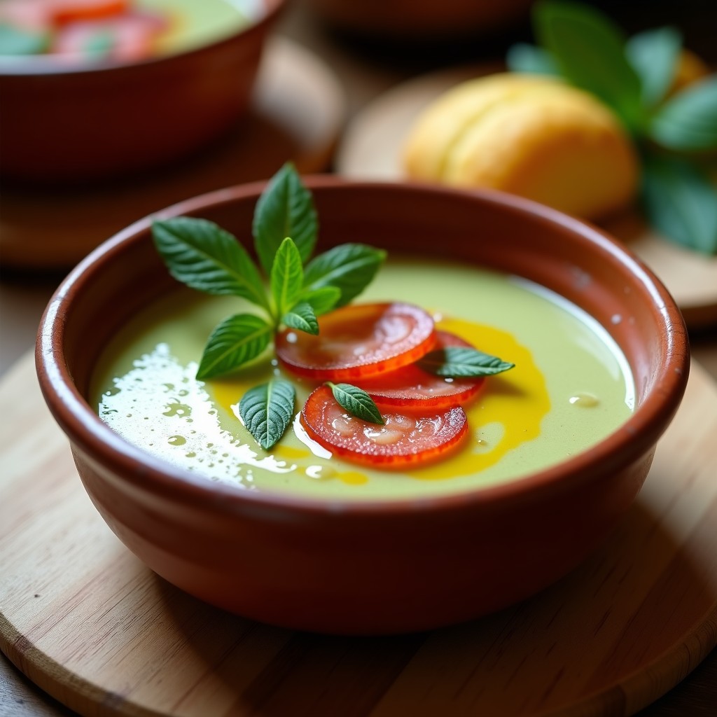 Cuenco de barro rústico con gazpacho gallego cremoso, decorado con rodajas de chorizo gallego y un hilo de aceite de oliva virgen extra. Fondo de cocina tradicional con pan de maíz.