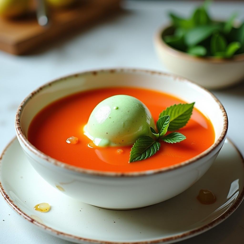 Cuenco de gazpacho andaluz fresco con una bola de helado verde de pepino y mentas en el centro, decorado con hojas de menta y un hilo de aceite de oliva virgen extra sobre fondo blanco rústico.