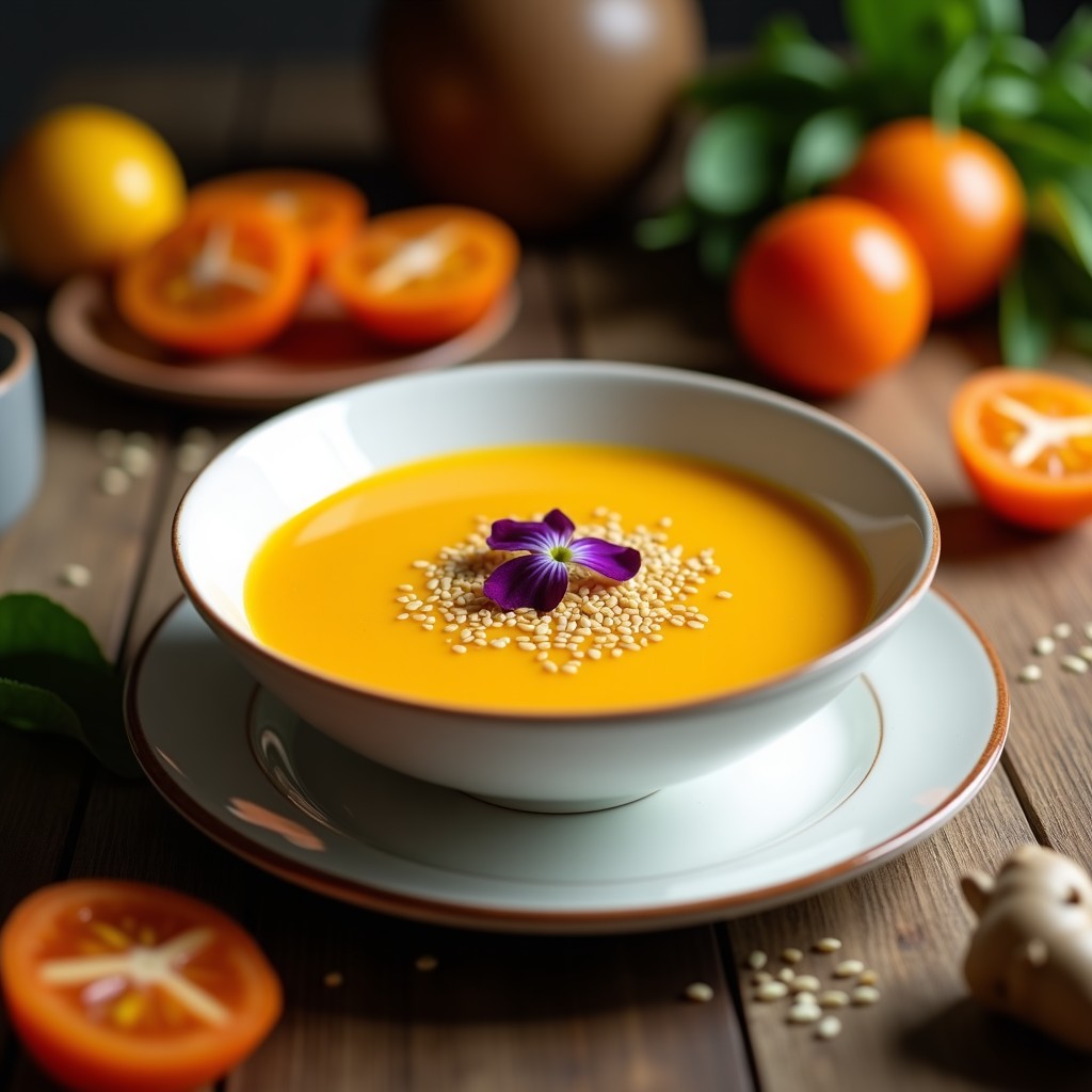 Cuenco de cerámica blanca con Gazpacho Andino de Lúcuma y Tomate Amarillo, decorado con semillas de sésamo tostadas y flores de albahaca morada, sobre un fondo de madera rústica con ingredientes frescos como tomates amarillos y lúcuma al lado.