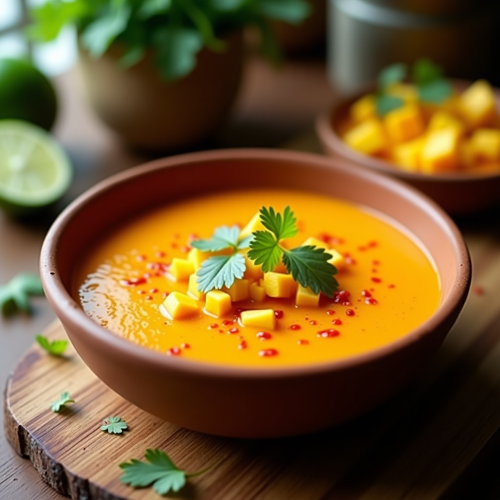 Gazpacho de mango y chile habanero servido en cuenco de barro, con trozos de mango fresco y cilantro como decoración, receta refrescante y picante.
