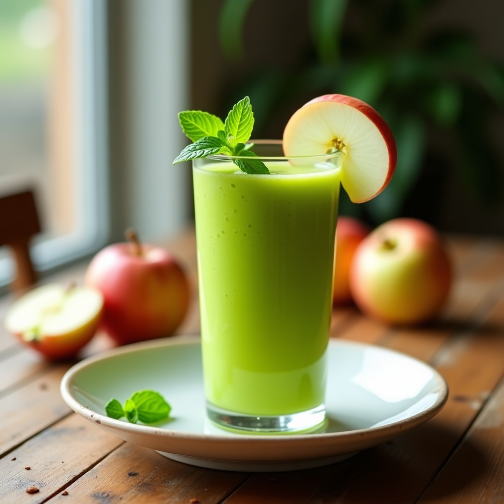 Vaso alto transparente con gazpacho de manzana y jengibre, decorado con hojas de menta y rodajas finas de manzana, servido sobre una mesa de madera con fondo borroso.