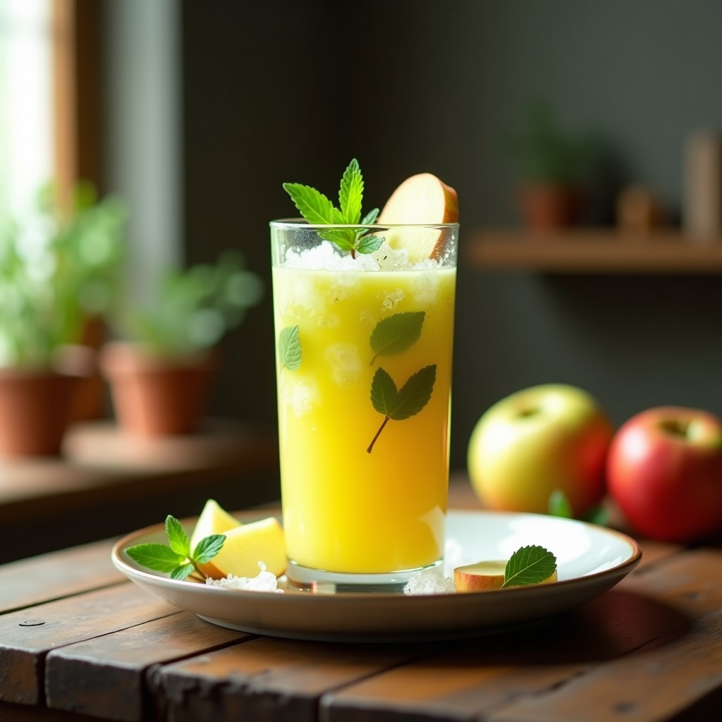 Vaso alto transparente con gazpacho de manzana y jengibre, decorado con rodajas de manzana verde, hojas de menta y hielo picado sobre una mesa de madera rústica.