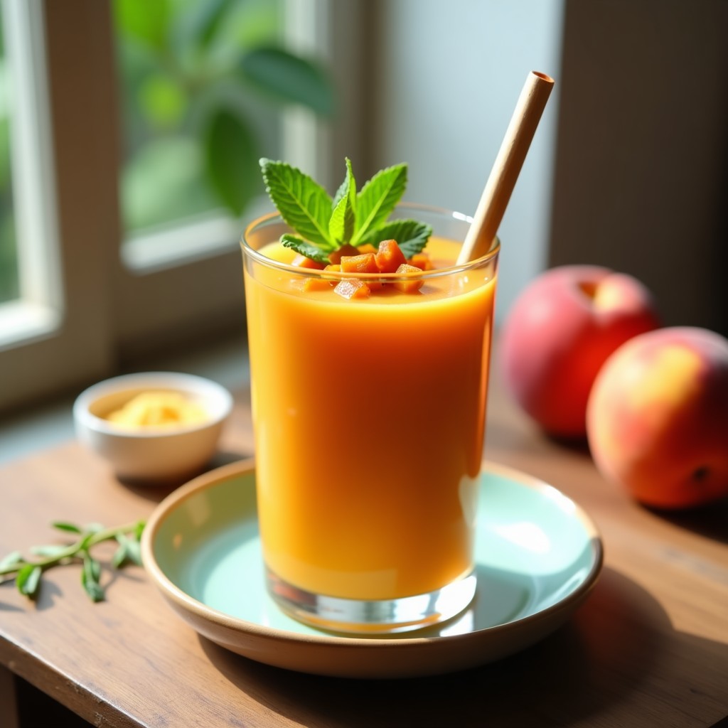 Vaso alto transparente con gazpacho de melocotón y jengibre, decorado con hojas de menta fresca y trozos de melocotón asado, servido con una pajita de bambú sobre una mesa de madera rústica.