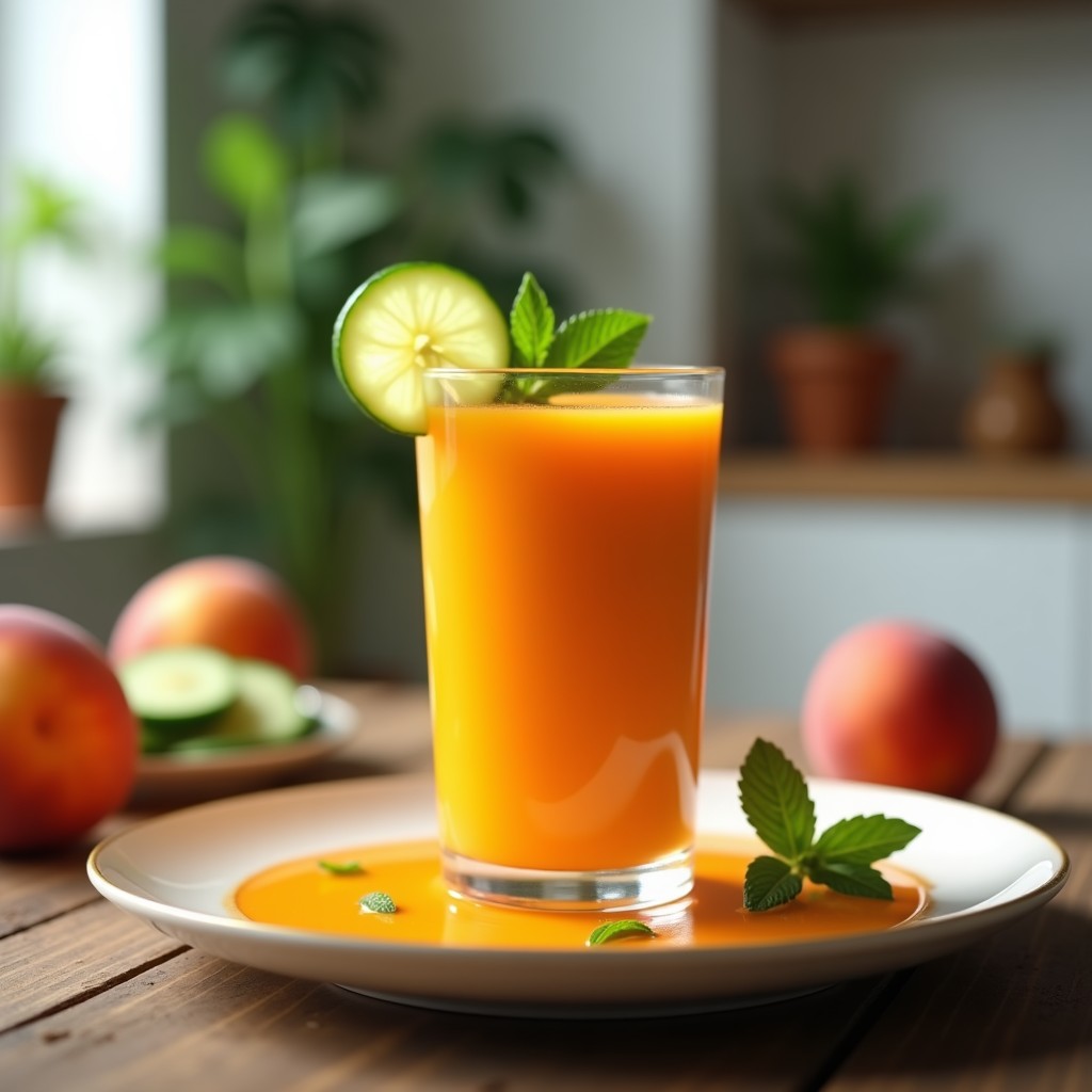 Vaso alto transparente con gazpacho de melocotón y jengibre, decorado con rodajas de pepino y hojas de menta, sobre una mesa rústica de madera con fondo borroso de cocina moderna.