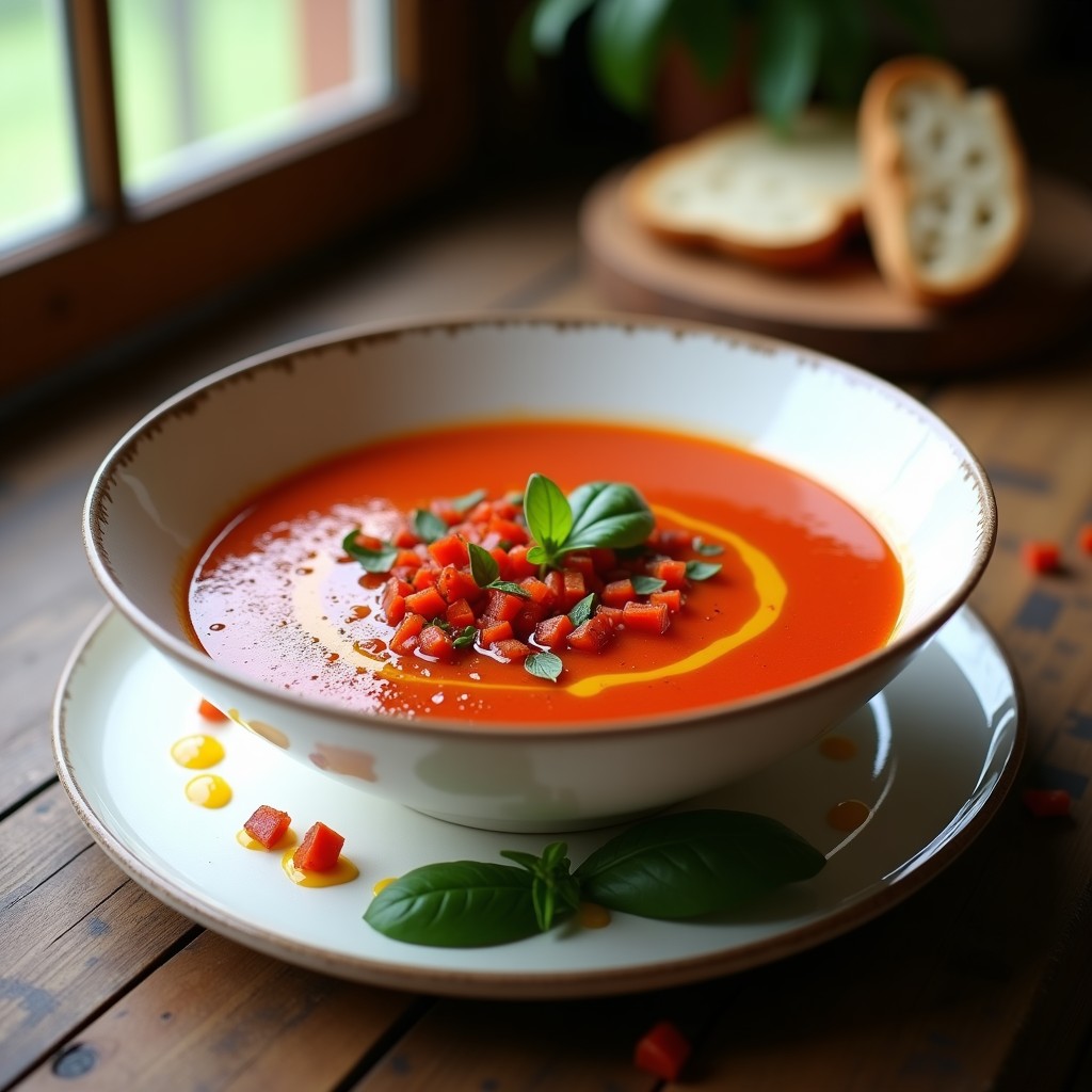Cuenco de gazpacho de pimiento asado ahumado con textura sedosa, decorado con dados de pimiento rojo y un hilo de aceite de oliva virgen extra, servido en plato rústico sobre fondo de madera.