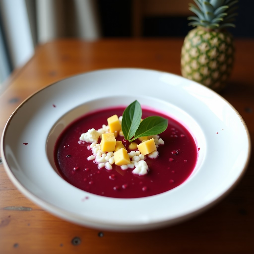 Gazpacho keto de remolacha y coco servido en cuenco blanco sobre fondo rústico, decorado con hojas de menta y semillas de sésamo tostadas.