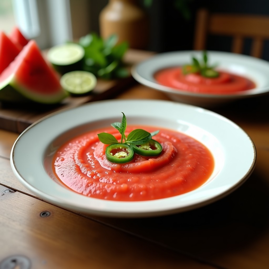 Vaso alto de gazpacho de sandía y jalapeño con toque de limón, decorado con rodajas finas de limón y trocitos de jalapeño fresco, servido sobre una mesa rústica con hierbas frescas al fondo.