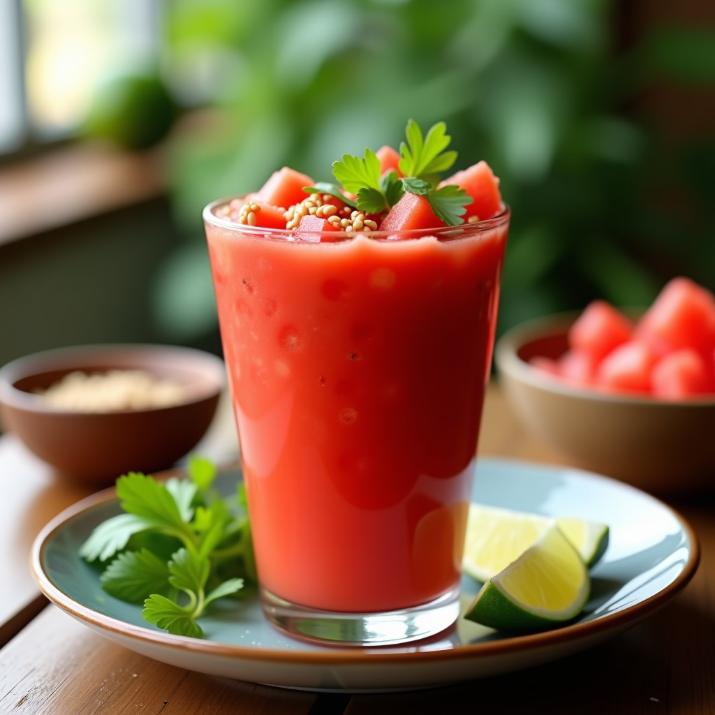 Gazpacho de Sandía y Jitomate con Chile de Árbol servido en copa de cristal transparente, decorado con cubos de sandía fresca, hojas de cilantro y semillas de sésamo tostadas, sobre una mesa rústica de madera con fondo desenfocado.