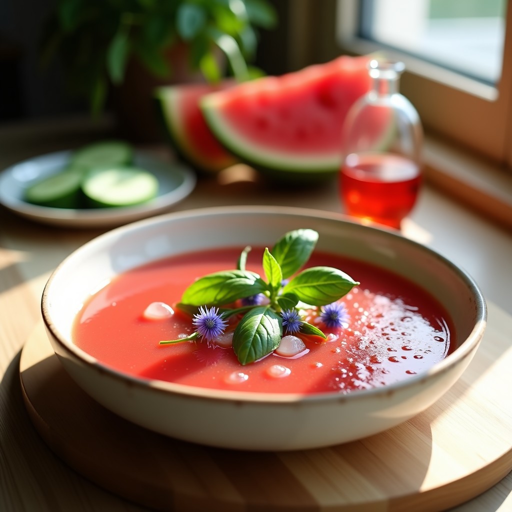Gazpacho de sandía, pepino y albahaca con toque de vinagre de frambuesa servido en cuenco blanco rústico, decorado con hojas de albahaca fresca y flores de borraja comestibles, sobre fondo de madera clara con luz natural.