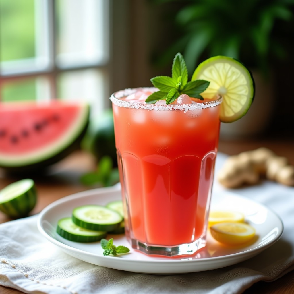 Vaso alto transparente lleno de gazpacho de sandía y pepino con jengibre, decorado con hojas de cilantro fresco y rodajas de pepino, servido sobre una mesa de madera rústica con hielo picado y fondo desenfocado de verano.