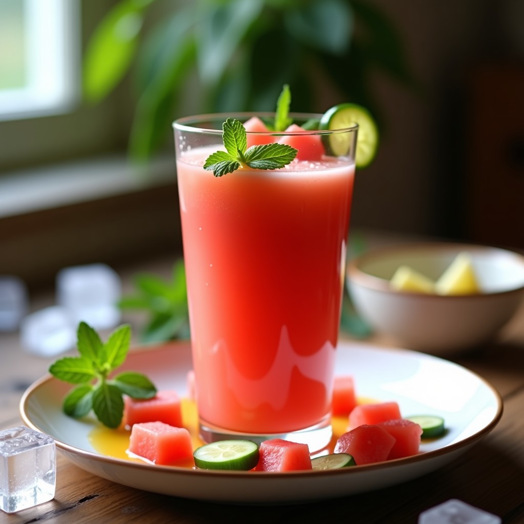 Vaso alto transparente con gazpacho de sandía y pepino color rosado claro, decorado con cubos de sandía, rodajas de pepino y hojas de menta fresca. Fondo con hielo picado y un hilo de aceite de oliva. Receta vegana refrescante.