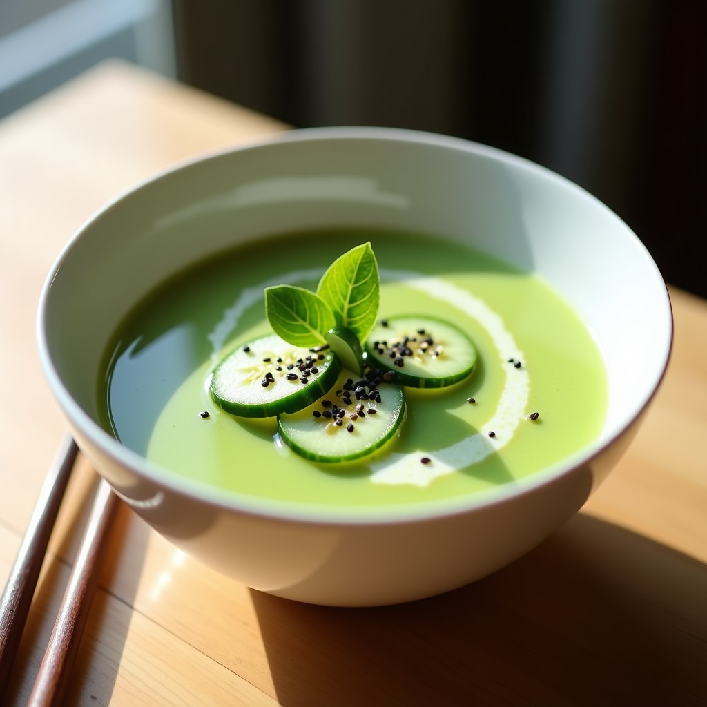 Cuenco blanco con gazpacho de sandía y pepino de color verde claro, decorado con cubos de sandía roja, semillas de sésamo tostadas, hojas de cilantro y un hilo de vinagreta de wasabi en espiral. Fondo de mesa de madera con hielo picado alrededor.