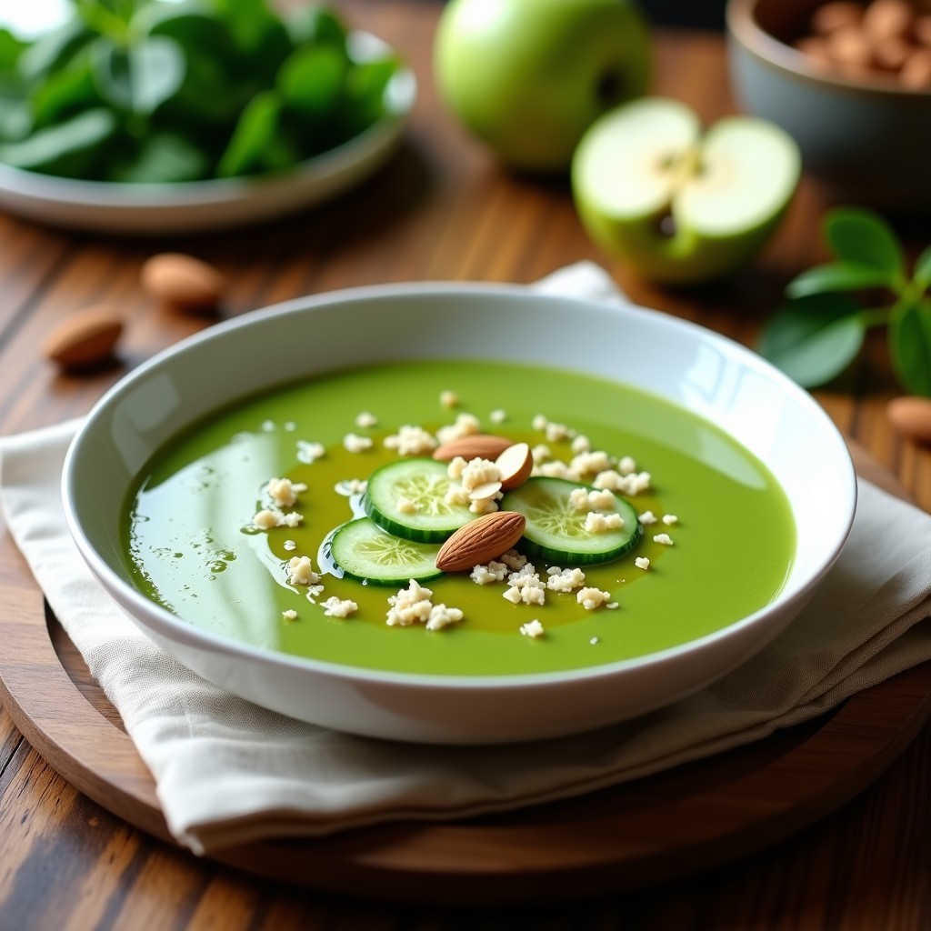 Cuenco de gazpacho verde andaluz con textura cremosa, decorado con rodajas de pepino y almendras fileteadas sobre fondo rústico de madera.