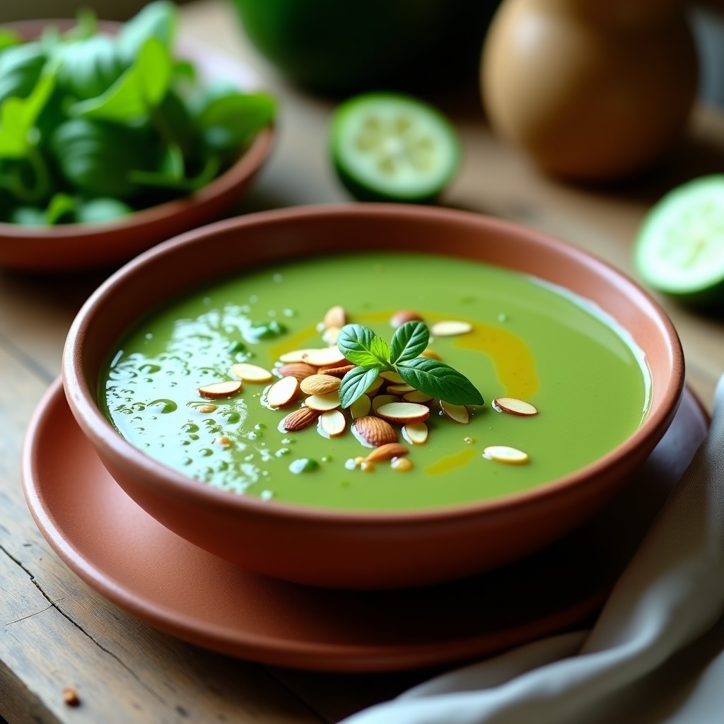 Cuenco de gazpacho verde andaluz con espinacas, servido en bowl de barro frío, decorado con almendras picadas, trozos de pepino y un hilo de aceite de oliva virgen extra bajo luz natural.