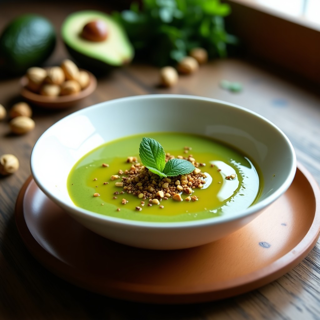 Cuenco de gazpacho verde andaluz cremoso con trocitos de pistacho tostado, hojas de menta y un hilo de aceite de oliva virgen extra sobre fondo rústico de madera.