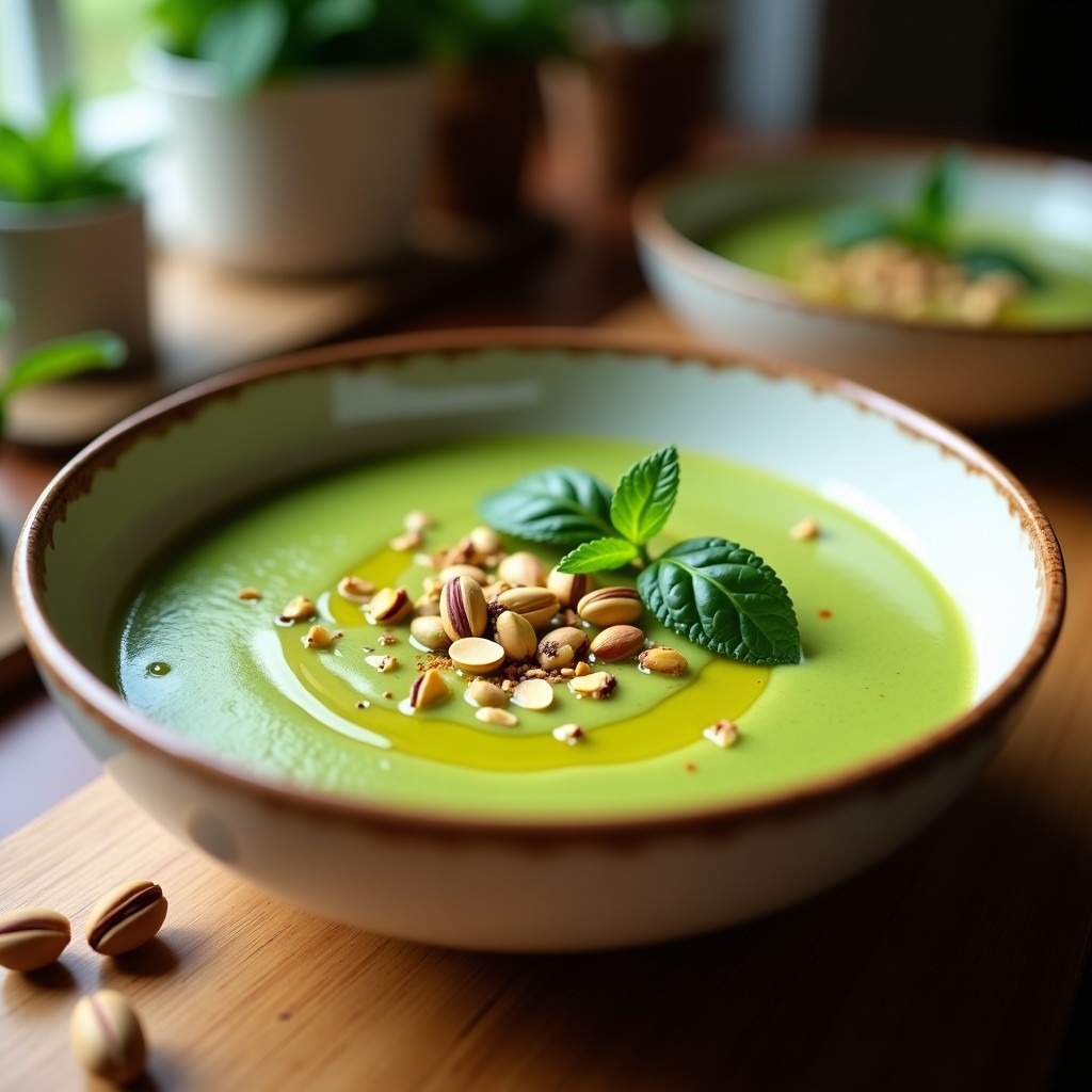 Cuenco de gazpacho verde cremoso con trocitos de pistacho tostado y hilo de aceite de oliva, receta fría de Thermomix.