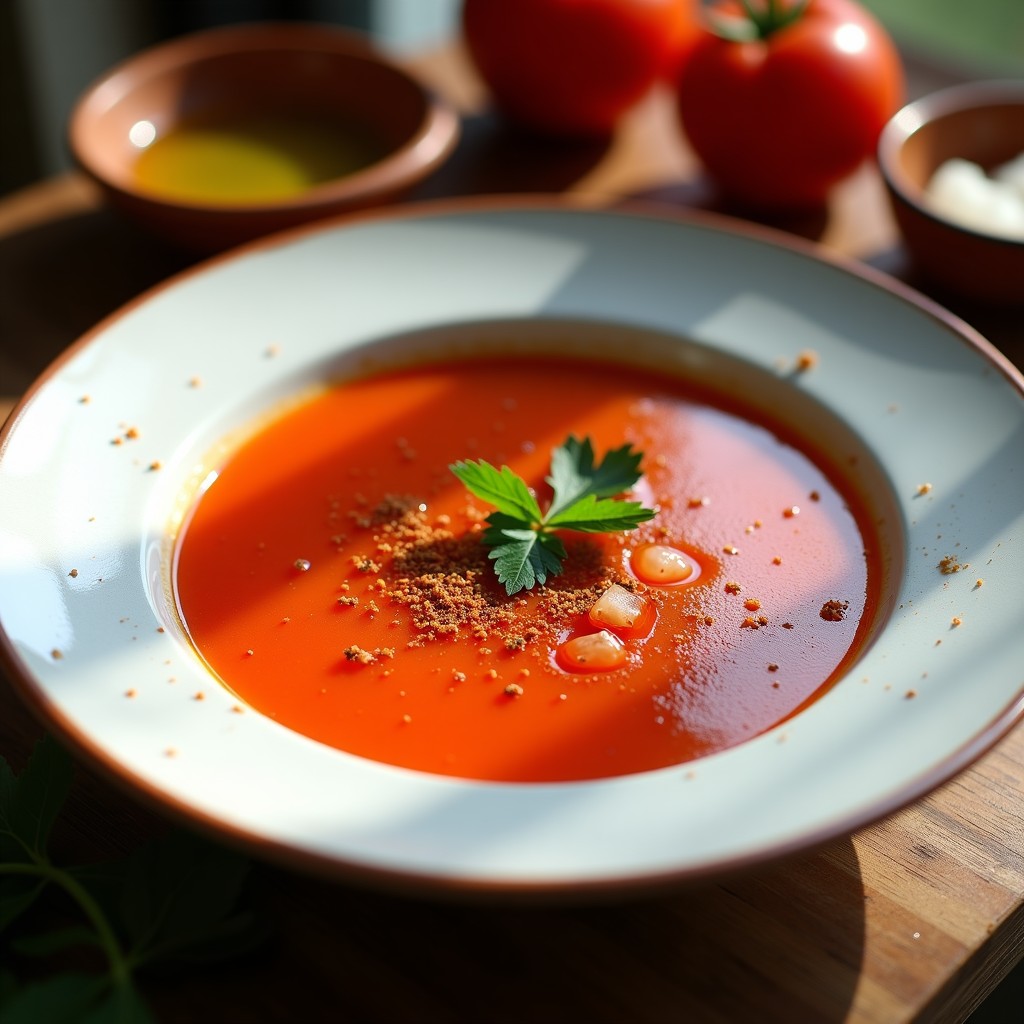 Cuenco de gazpacho andaluz espeso con verduras asadas, color rojo intenso, decorado con perejil fresco y un hilo de aceite de oliva virgen extra, receta de gazpacho asado y ahumado.