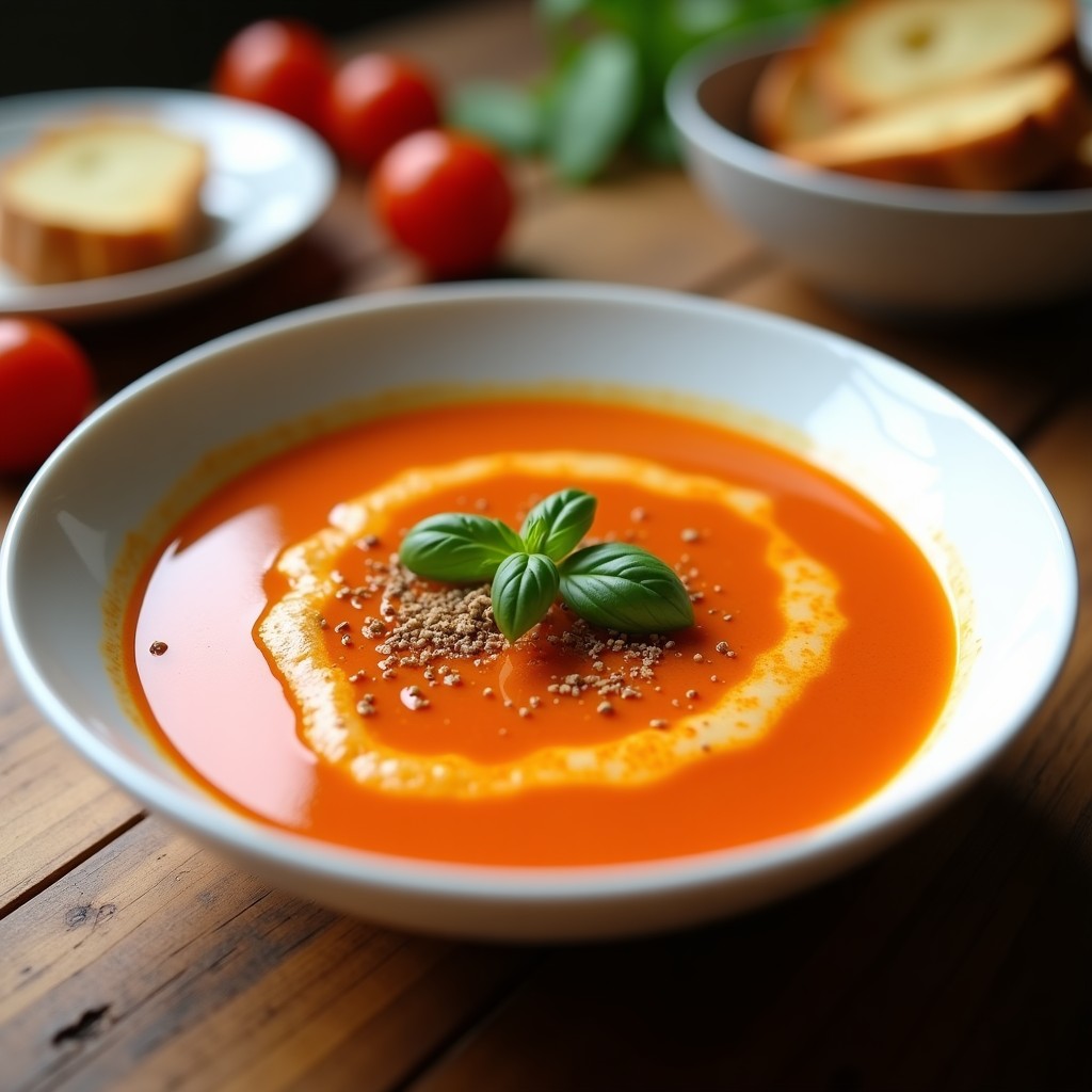 Cuenco blanco con gazpacho de verduras asadas en airfryer, textura cremosa y brillante, decorado con chorrito de aceite de oliva virgen extra y pimienta negra, sobre fondo rústico de madera.