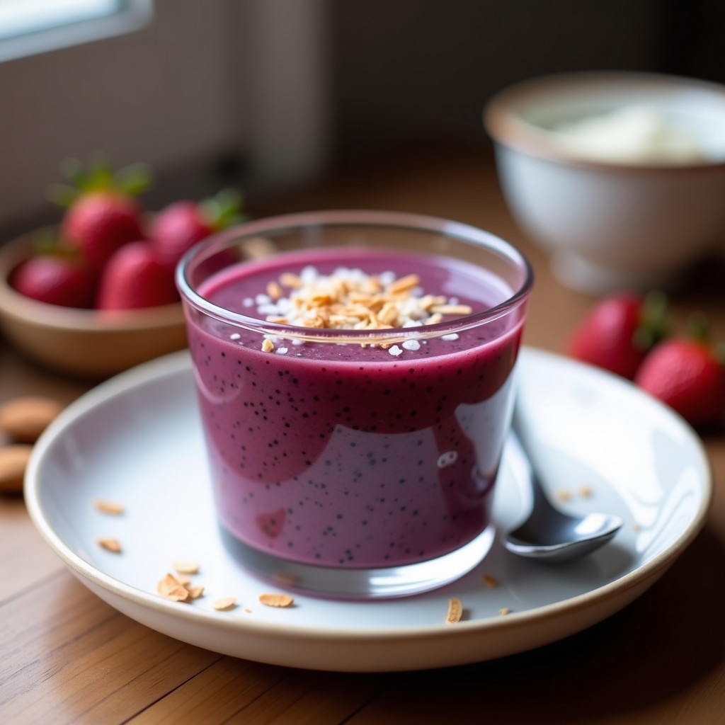Gelatina de açaí y chía con leche de almendras servida en copas de cristal transparente, con capas moradas y semillas de chía visibles, decorada con coco rallado y una pizca de canela, postre vegano sin azúcar y alto en fibra.