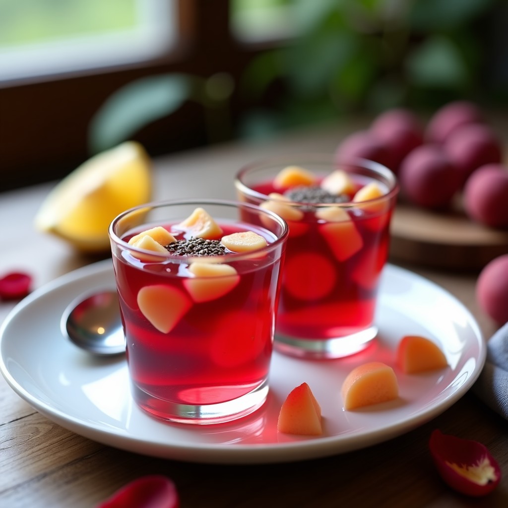 Gelatina vegana de agua de jamaica y lichi en copas de cristal transparente, con trozos de lichi fresco y semillas de chía en la superficie, servida sobre una mesa rústica de madera con pétalos de rosa y rodajas de limón como decoración.
