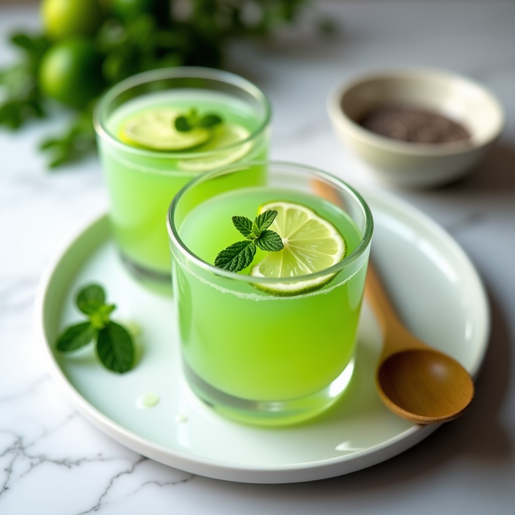 Gelatina vegana de aloe vera y lima servida en copas de cristal transparente, con textura suave y brillante, decorada con rodajas de lima y hojas de menta fresca sobre un fondo blanco.