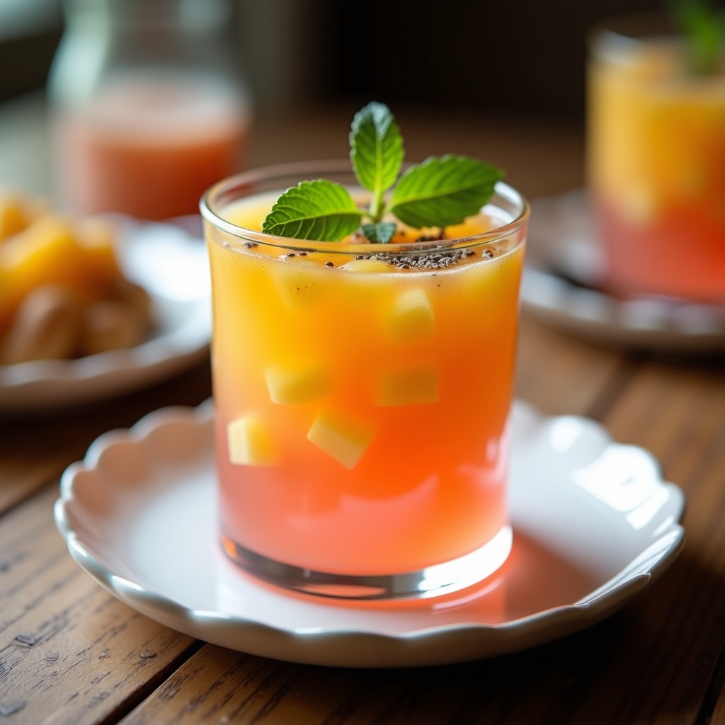Gelatina transparente de aloe vera y poma rosa en copas de cristal, con topping de granadilla amarilla y semillas de chía, decorada con hojas de menta. Postre saludable, vegano y digestivo.