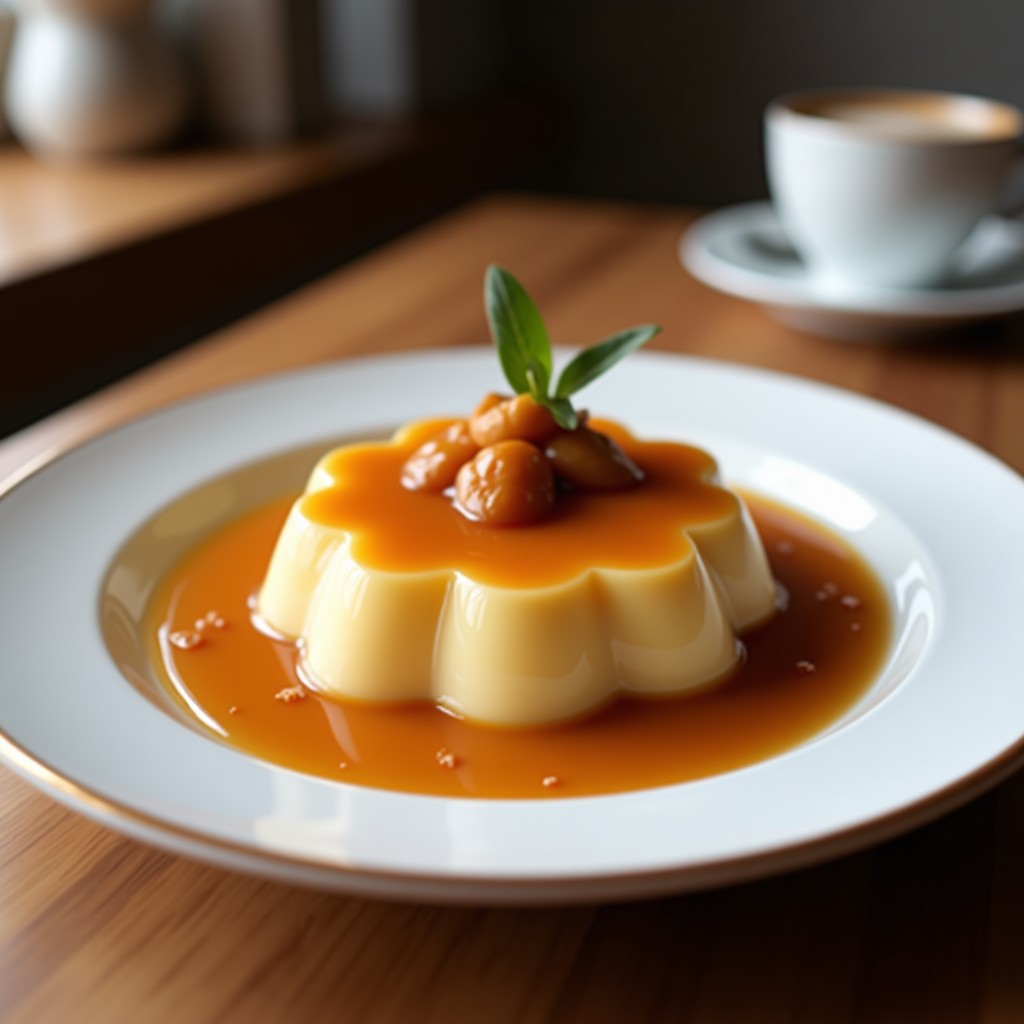 Gelatina de café y canela con leche de almendras en copas de cristal transparente, con capas doradas y textura sedosa, decorada con una ramita de canela y almendras fileteadas, postre colombiano sin azúcar.