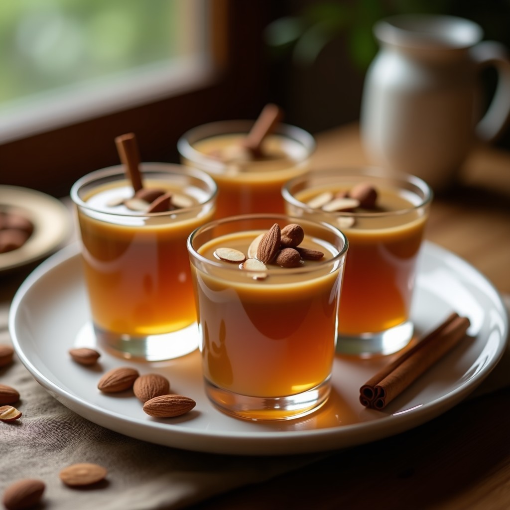 Gelatina de café y cardamomo con agua de azahar servida en copas de cristal transparente, con un tono marrón claro y decorada con almendras fileteadas y una rama de canela. Postre árabe sin azúcar, elegante y ligero.