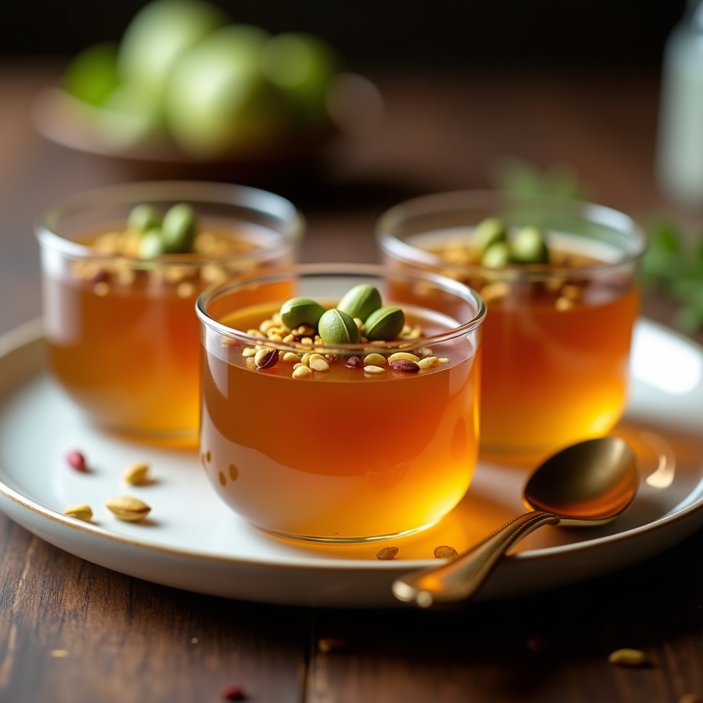 Gelatina vegana de café y cardamomo sin azúcar servida en copas de cristal transparente, con capas doradas y textura sedosa, decorada con pistachos tostados picados y semillas de cardamomo enteras. Postre indio elegante y bajo en calorías.