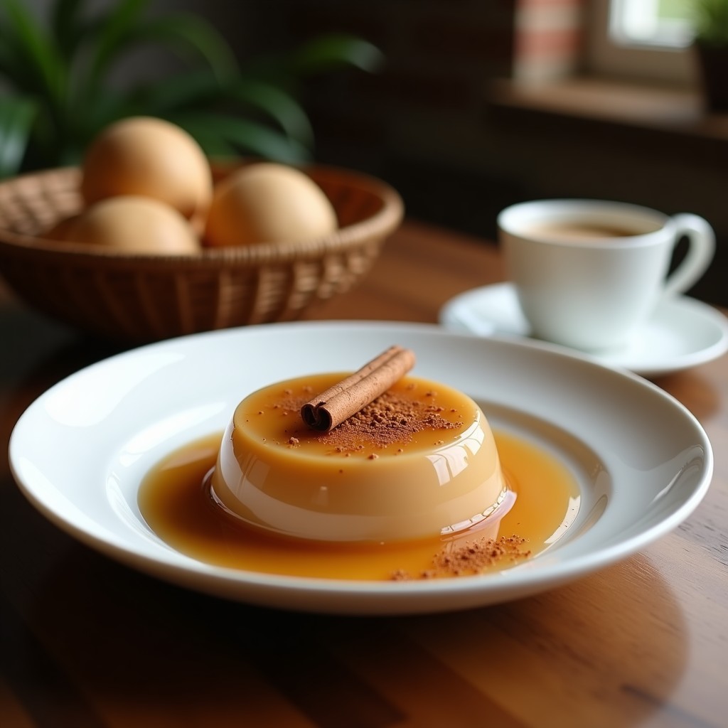 Gelatina vegana de café con leche de coco y canela servida en copas de cristal transparente, con capas bien definidas y un espolvoreado de canela en polvo por encima. Fondo borroso con hojas de menta y virutas de coco tostado como decoración.