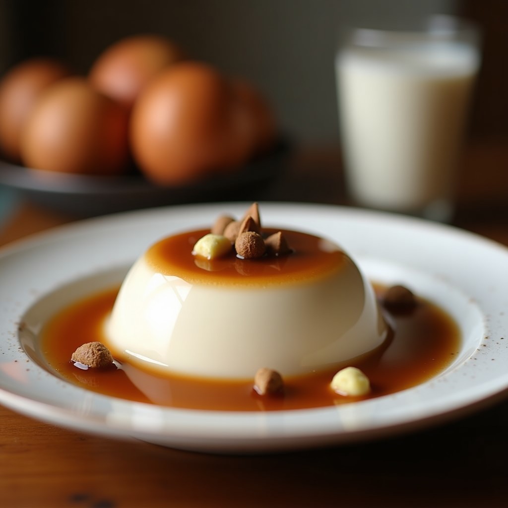 Copa de cristal transparente con gelatina de café con leche de coco y cardamomo en capas ámbar, decorada con virutas de coco y semillas de cardamomo, postre vasco vegano sin lactosa.