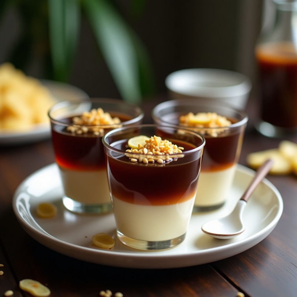 Gelatina de café y coconut milk en copa de cristal transparente, con capas sedosas y decoración de coco rallado sin azúcar y una estrella de anís. Postre vegano keto con toque vietnamita, servido sobre una mesa de madera rústica con una taza de café al fondo.