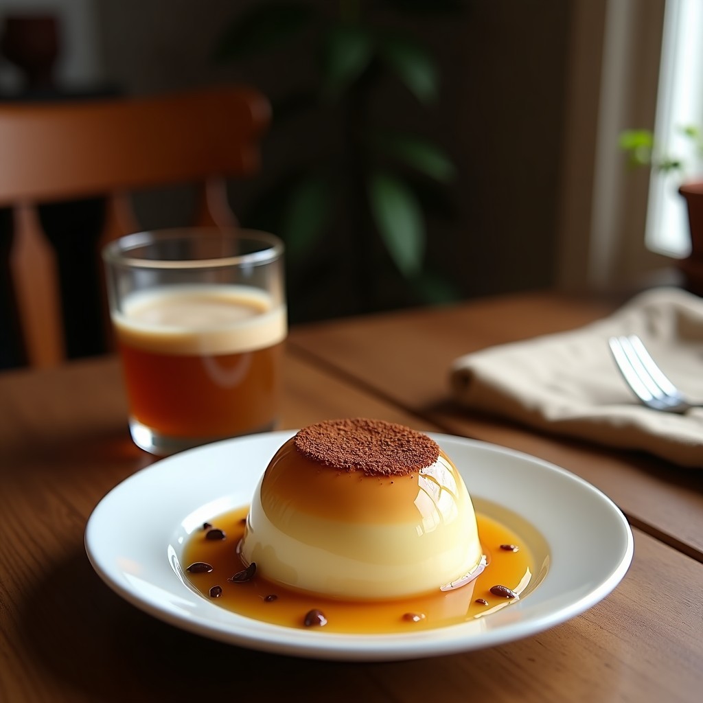 Gelatina de café cold brew y leche de avena en copas transparentes, mostrando capas oscuras y claras bien definidas, decorada con cacao en polvo espolvoreado y virutas de chocolate keto.