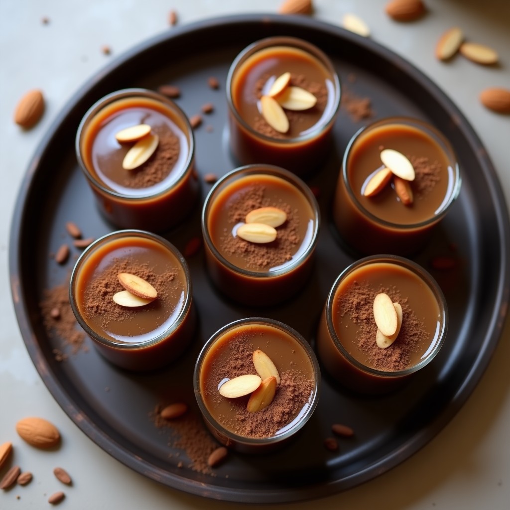 Gelatina keto de café y leche de almendras en vasitos transparentes, con textura sedosa y decoración de almendras fileteadas. Postre energizante sin azúcar, servido frío sobre una bandeja de madera oscura con posos de café esparcidos.