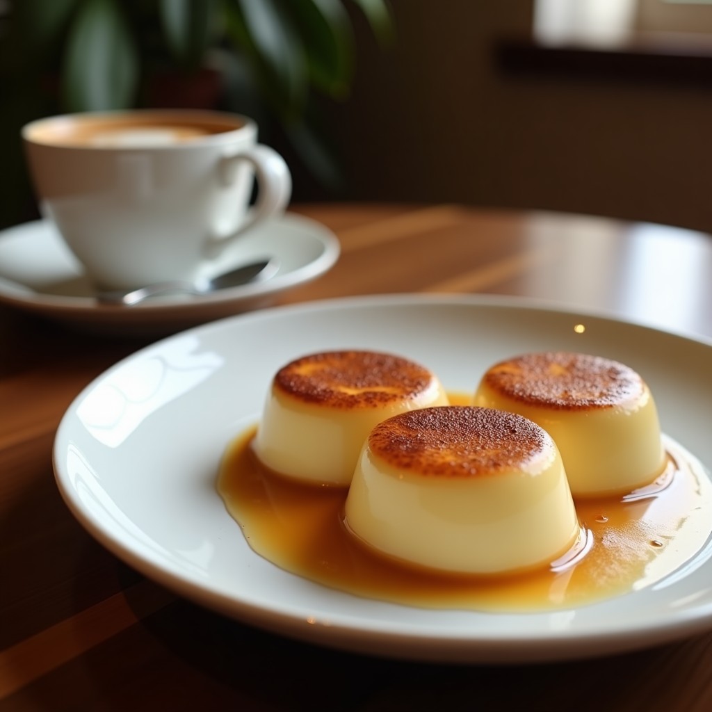 Gelatina de café con capas de leche de avellanas en vasitos de cristal transparente, mostrando capas definidas de color marrón oscuro y beige claro. Decorada con avellanas tostadas picadas y un toque de canela en polvo sobre una mesa de madera rústica.