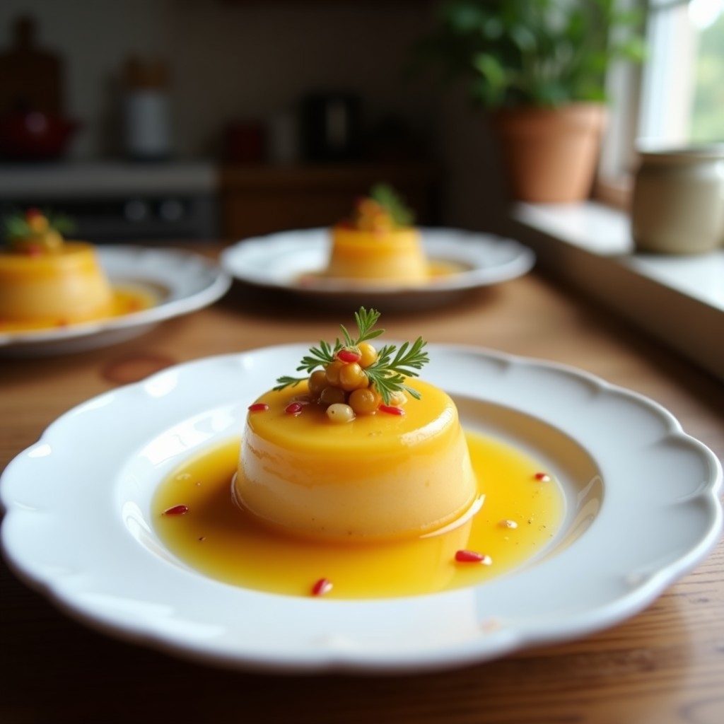 Gelatina de caqui y jengibre con semillas de sésamo negra y blanca, postre vegano sin azúcar servido en copa de cristal con trozos de caqui fresco y textura brillante.