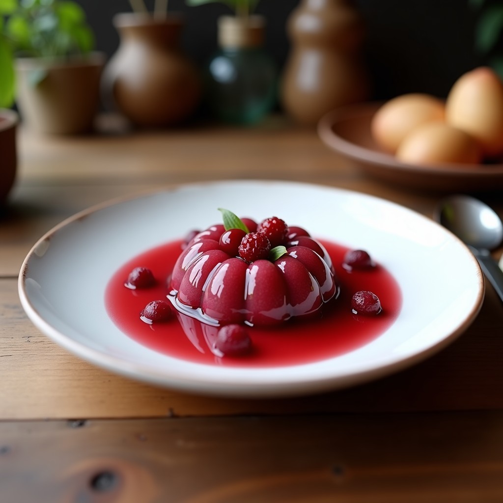 Gelatina de cebada perlada con leche de coco en copas transparentes, coronada con coulis de frutos rojos y semillas de chía, postre peruano vegano.