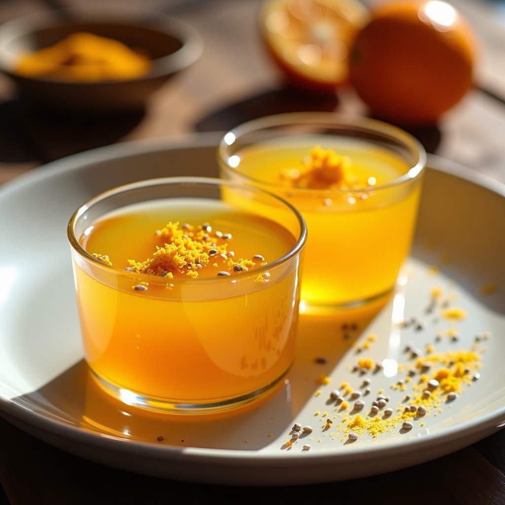 Gelatina de cúrcuma y naranja con chía en copas de cristal transparente, con capas doradas y textura suave. Decorada con ralladura de naranja y semillas de chía visibles en la superficie. Postre detox vegano y sin gelatina animal.