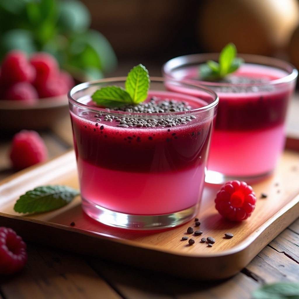 Copas de vidrio transparente con gelatina de frambuesa y kokum, capas vibrantes de color rosa y morado, coronadas con semillas de chía negras. Postre indú vegano sin azúcar, servido sobre una bandeja de madera con hojas de menta fresca.