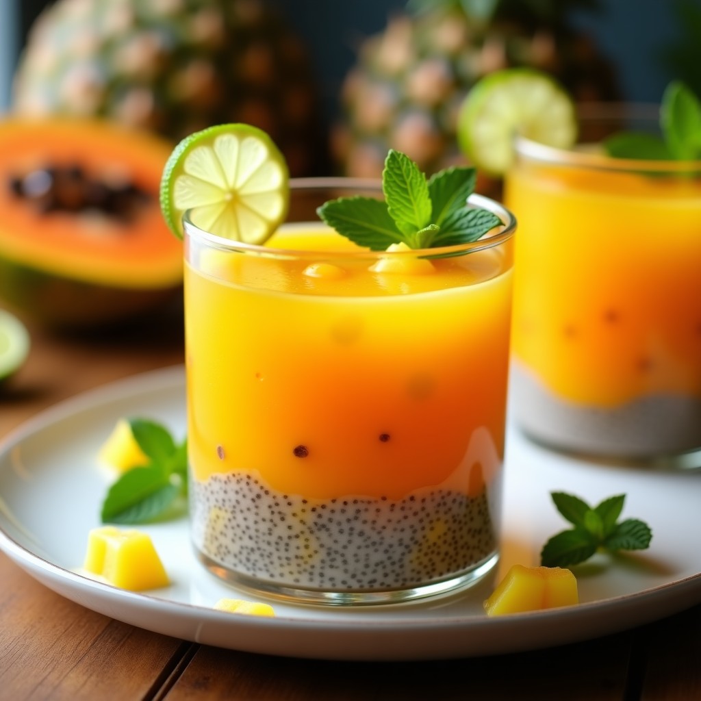 Gelatina de frutas tropicales con chía servida en copas de cristal transparente, con capas de gelatina naranja y amarilla, decorada con trozos de piña, coco rallado y hojas de menta, sobre un fondo de madera rústica.