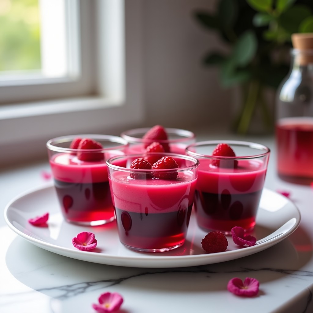 Gelatina vegana de frutos rojos con agua de rosas en copa de cristal transparente, con capas rosadas y blancas, decorada con frambuesas frescas y pétalos de rosa comestibles, sobre fondo claro.