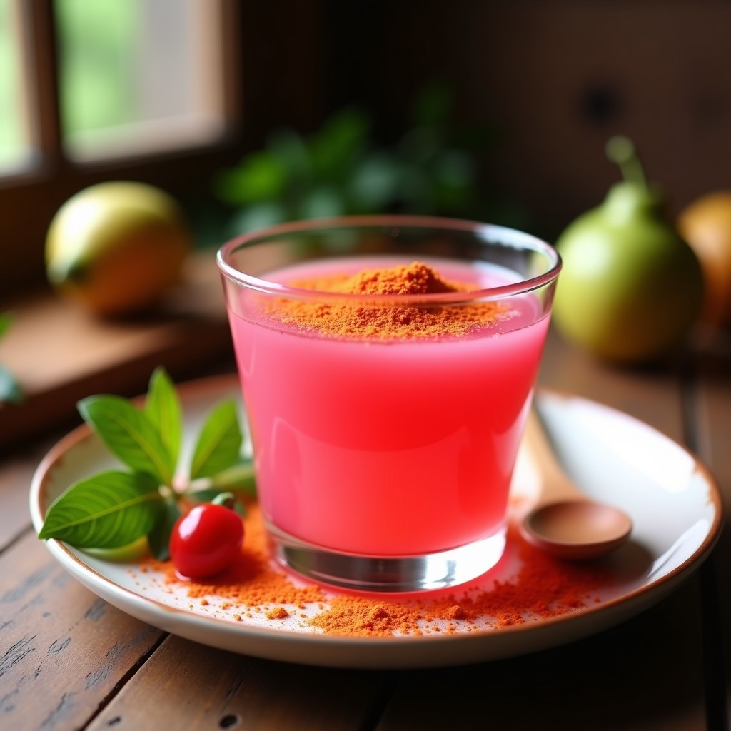 Copa de cristal transparente con gelatina de guayaba y chile habanero, de color rosado intenso con una pizca de chile en polvo en la superficie, servida sobre una mesa de madera rústica con hojas de guayaba y un chile habanero entero al lado.